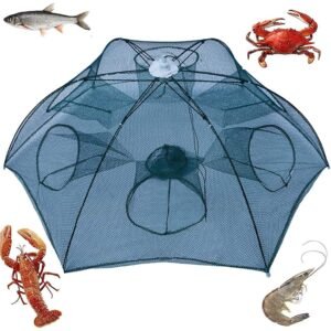 Cast Mesh Automatic Light Upgraded 6 Side, 6 Hole Crab Net, hand throw, Portable Folded Fishing Net for Shrimp, Minnow, Crayfish, Crab, 100% Pure Nylon Fish Catching Net