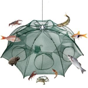 Fishing Trap Fishing Bait Trap Net for Catching Small Bait Fish, Eelel, Crab, Lobster, Minnows, Shrimp, Fishing Net, Diving Cage, Compact and Foldable for Easy Carry and Storage (8 Holes)